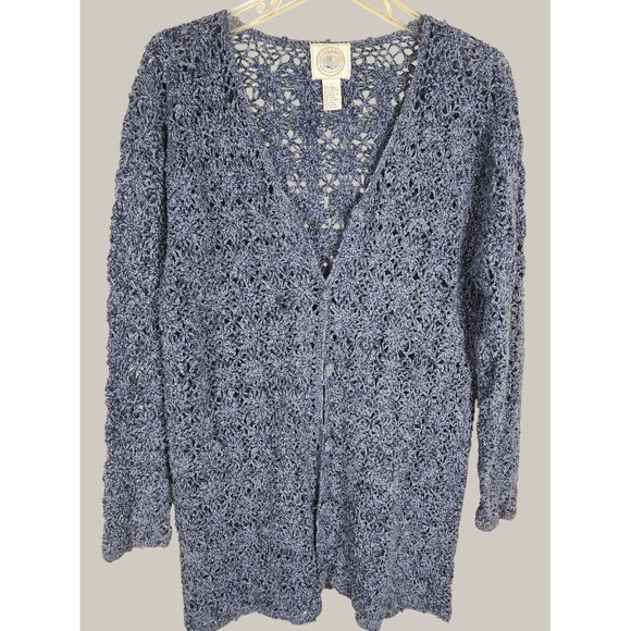 Vtg Cape Isle Knitters Blue Open Crochet Cardigan Size L Cottagecore Coastal - Picture 1 of 8